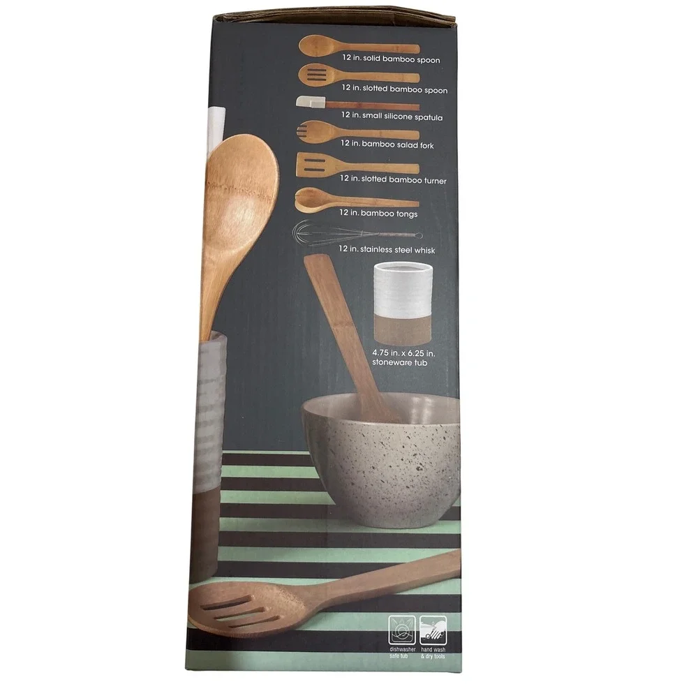 Metro Home 8 Piece Tub of Tools Kitchen Utensil Set with Stoneware Tub
